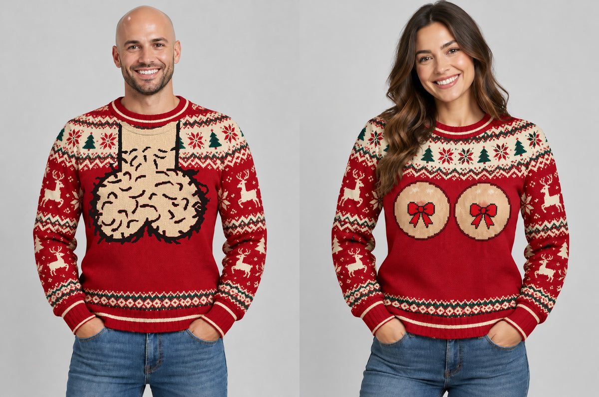 Bald Claus His and Hers ugly Christmas sweaters
