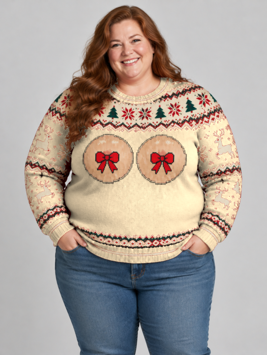 Bald Claus Mrs. Claus ugly Christmas sweater – Beige – size 2XL