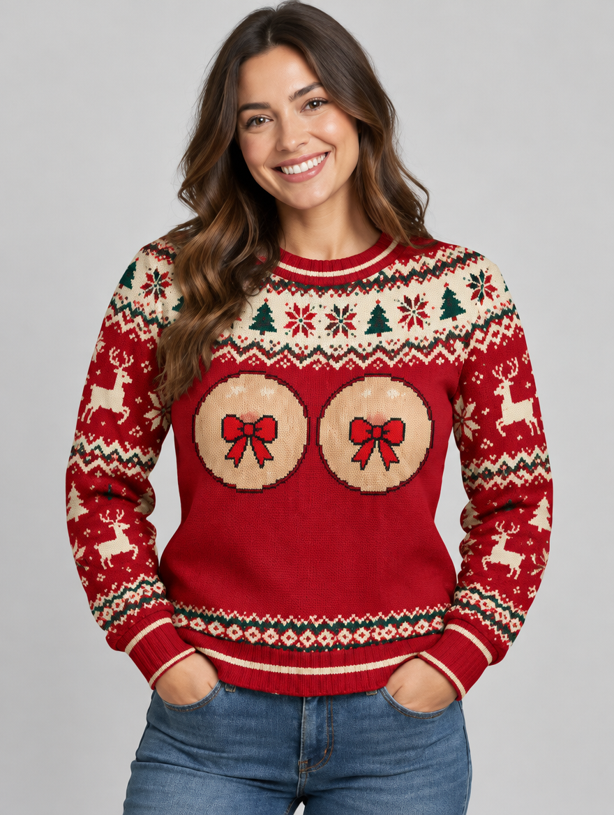 Bald Claus Hers ugly Christmas sweater with bows – front
