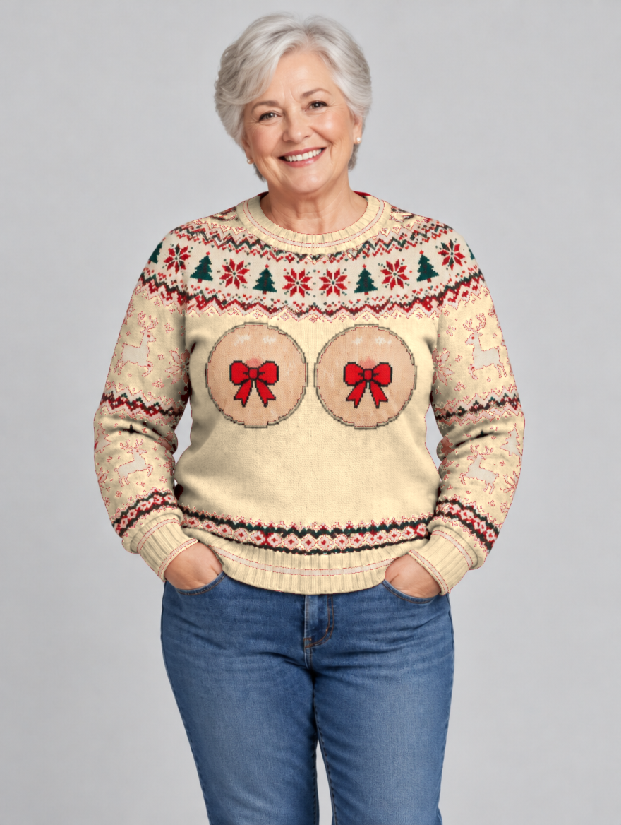 Bald Claus Mrs. Claus ugly Christmas sweater – Beige – size L