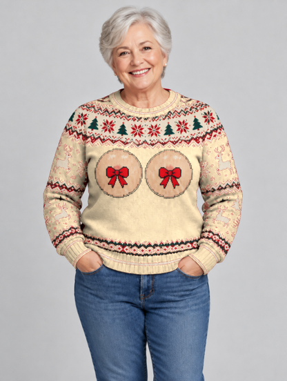 Bald Claus Mrs. Claus ugly Christmas sweater – Beige – size L