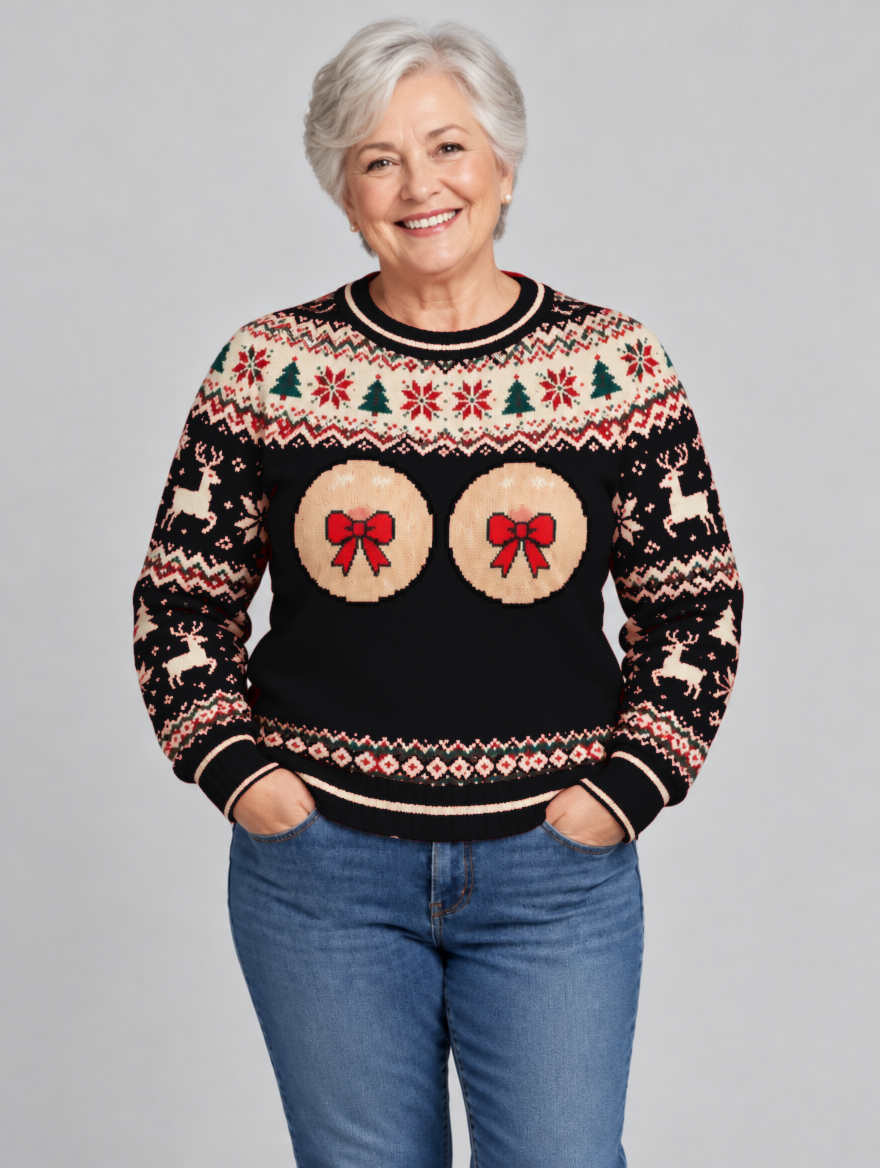 Bald Claus Mrs. Claus ugly Christmas sweater – Black – size L