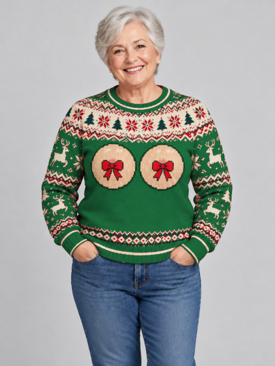 Bald Claus Mrs. Claus ugly Christmas sweater – Green – size L