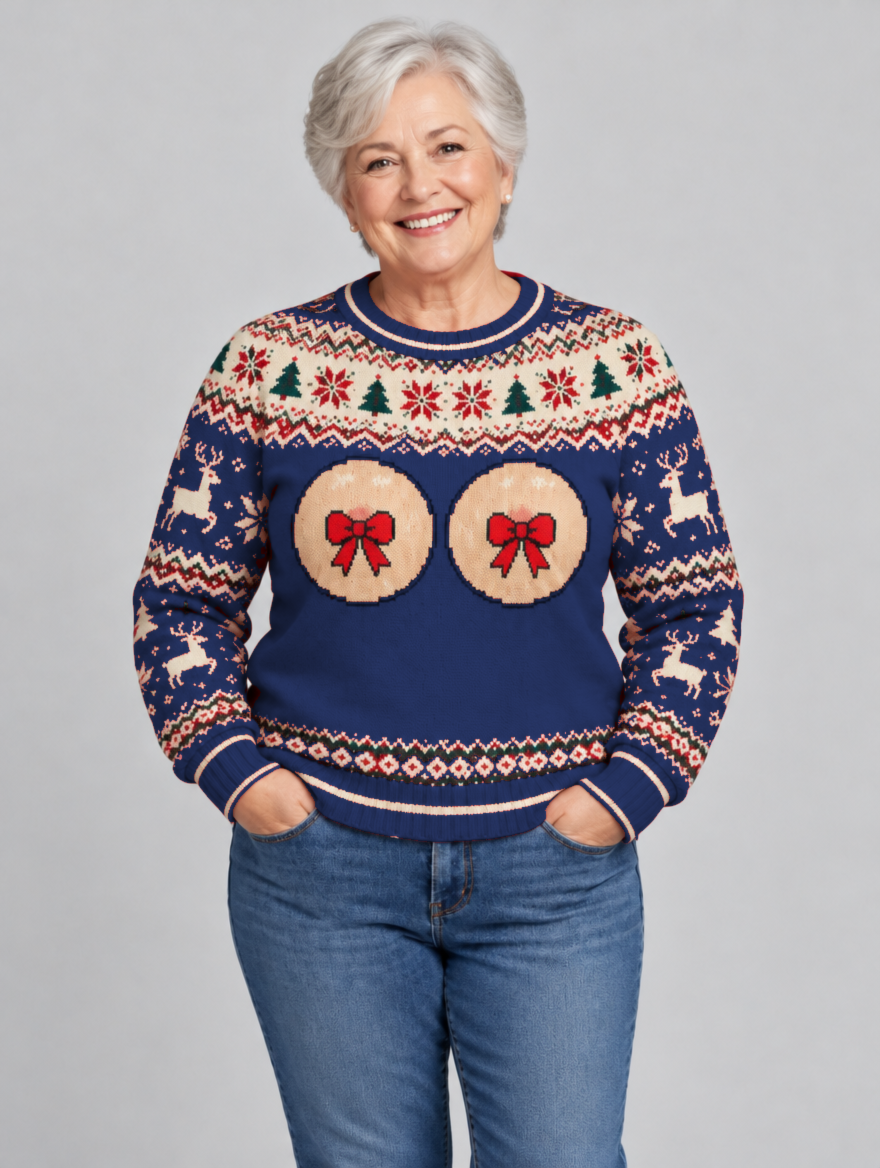 Bald Claus Mrs. Claus ugly Christmas sweater – Navy Blue – size L