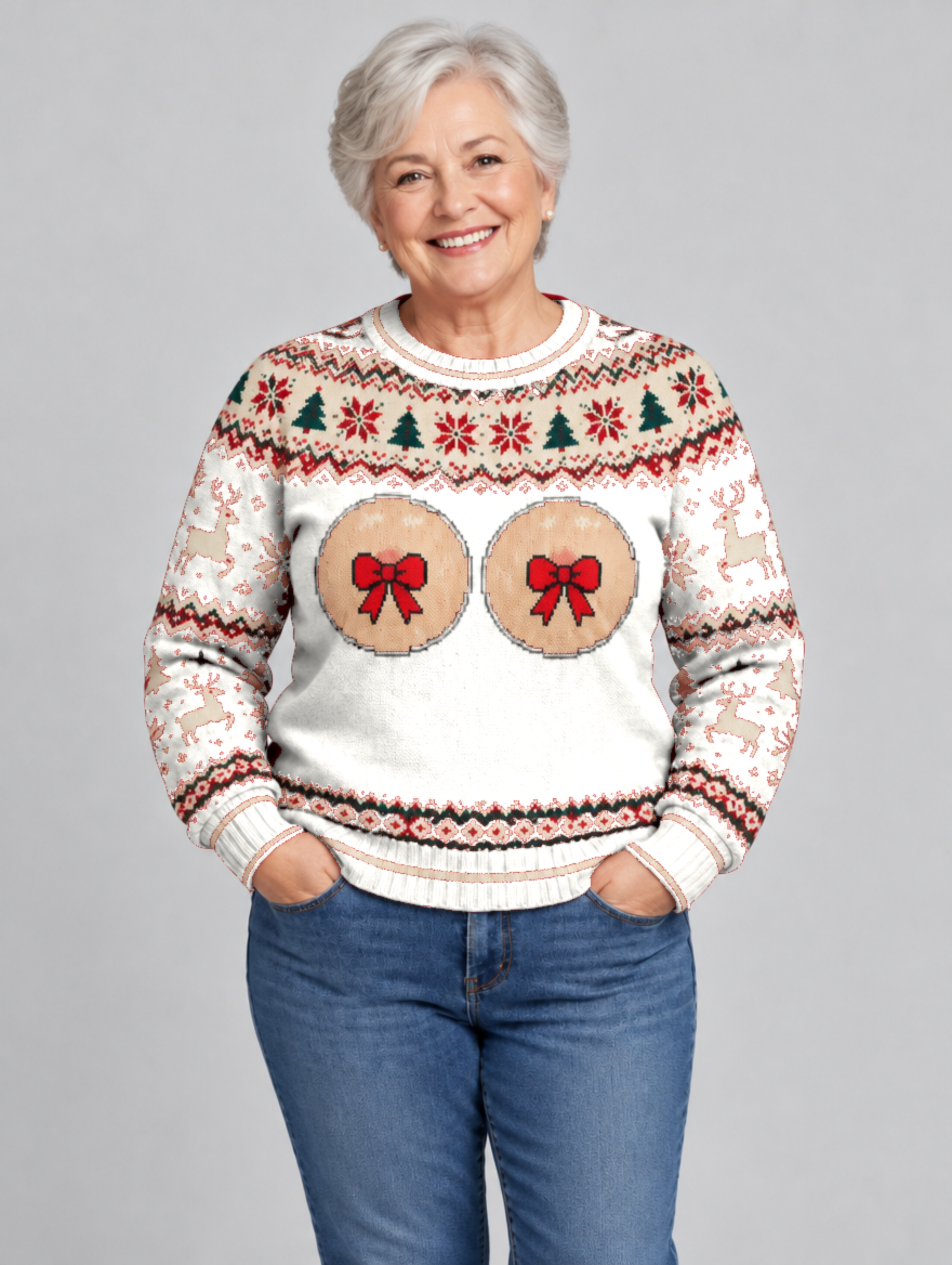Bald Claus Mrs. Claus ugly Christmas sweater – White – size L