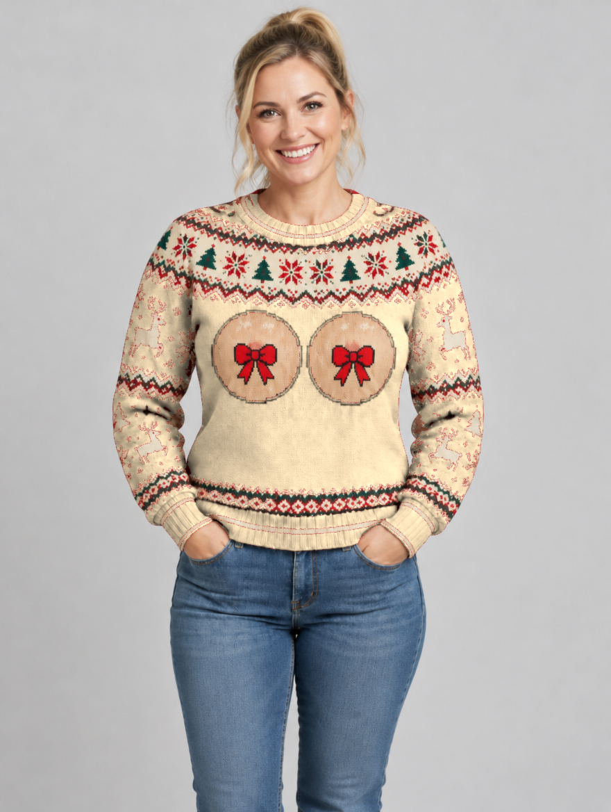 Bald Claus Mrs. Claus ugly Christmas sweater – Beige – size M