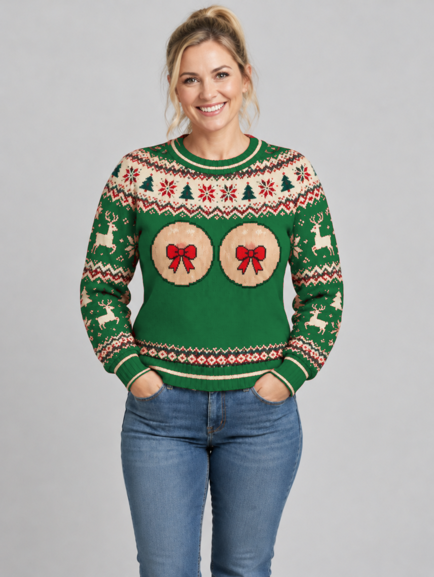 Bald Claus Mrs. Claus ugly Christmas sweater – Green – size M