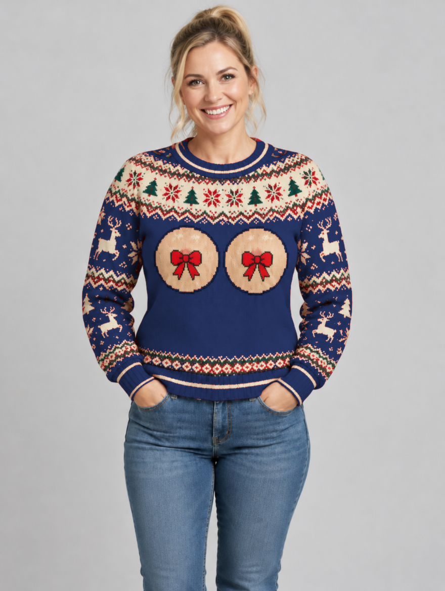 Bald Claus Mrs. Claus ugly Christmas sweater – Navy Blue – size M
