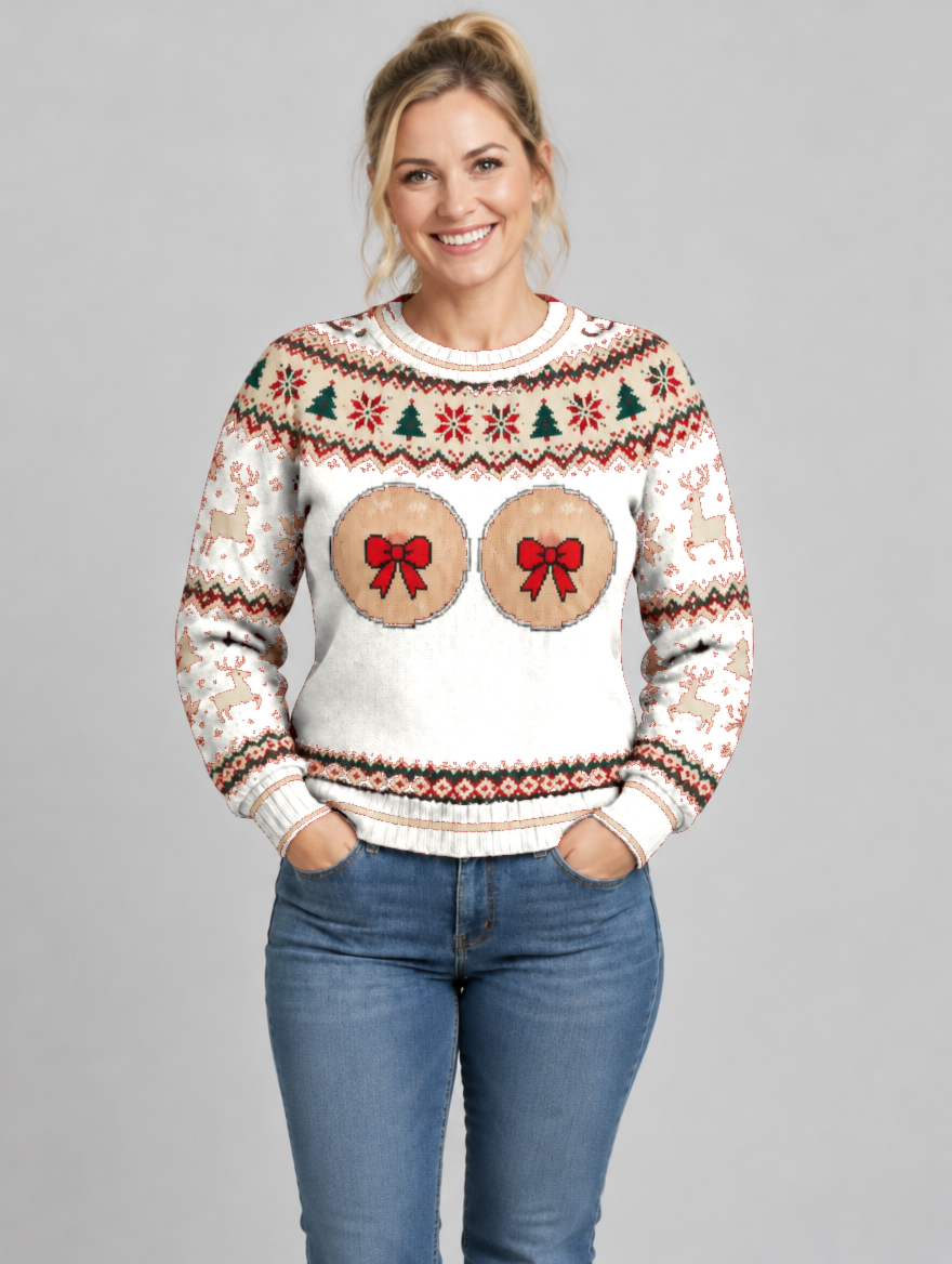 Bald Claus Mrs. Claus ugly Christmas sweater – White – size M