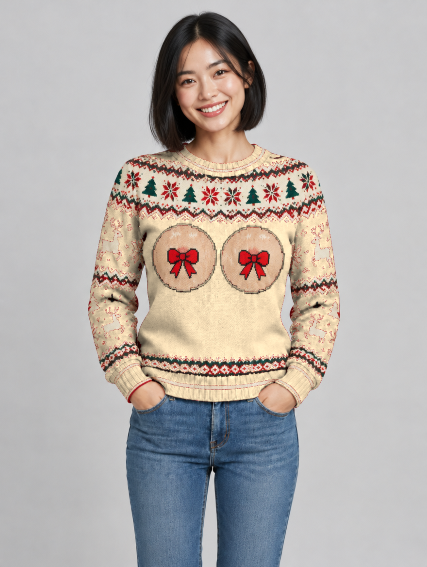Bald Claus Mrs. Claus ugly Christmas sweater – Beige – size S
