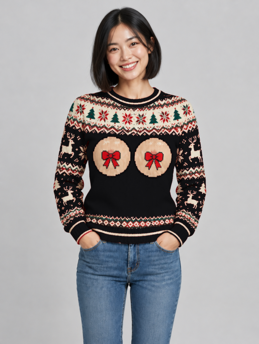 Bald Claus Mrs. Claus ugly Christmas sweater – Black – size S
