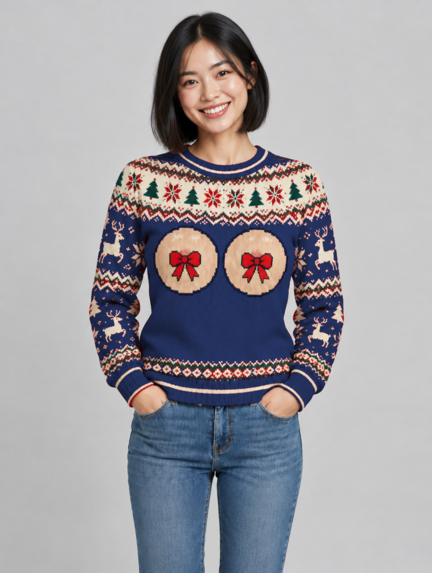 Bald Claus Mrs. Claus ugly Christmas sweater – Navy Blue – size S