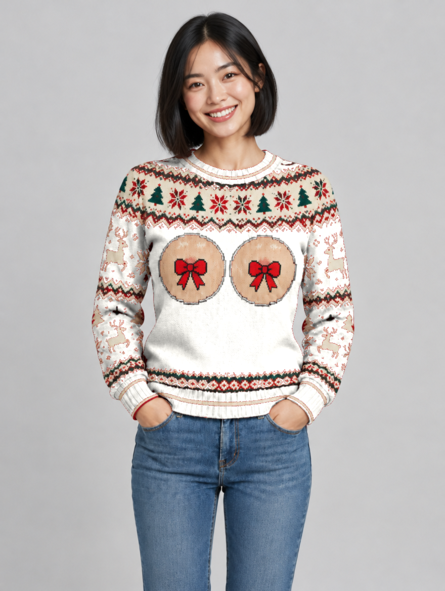 Bald Claus Mrs. Claus ugly Christmas sweater – White – size S