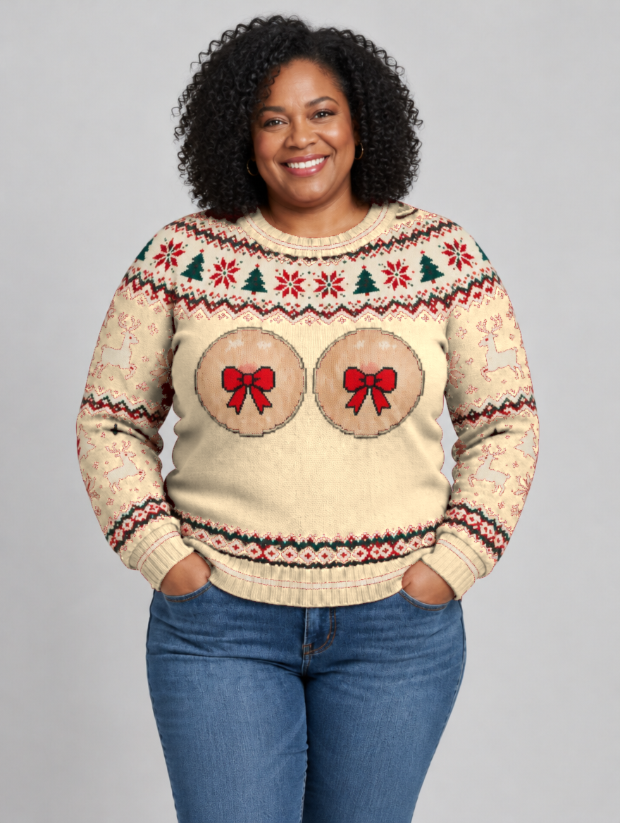 Bald Claus Mrs. Claus ugly Christmas sweater – Beige – size XL
