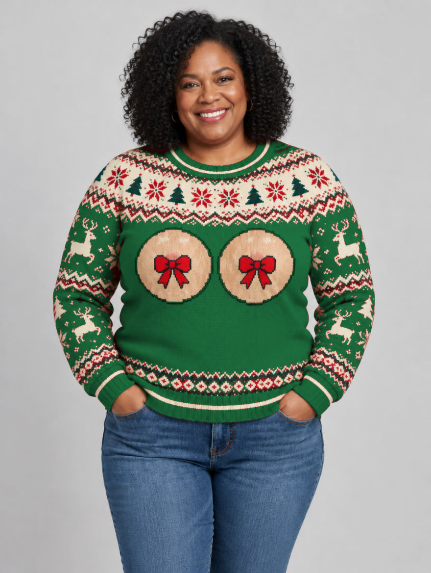 Bald Claus Mrs. Claus ugly Christmas sweater – Green – size XL
