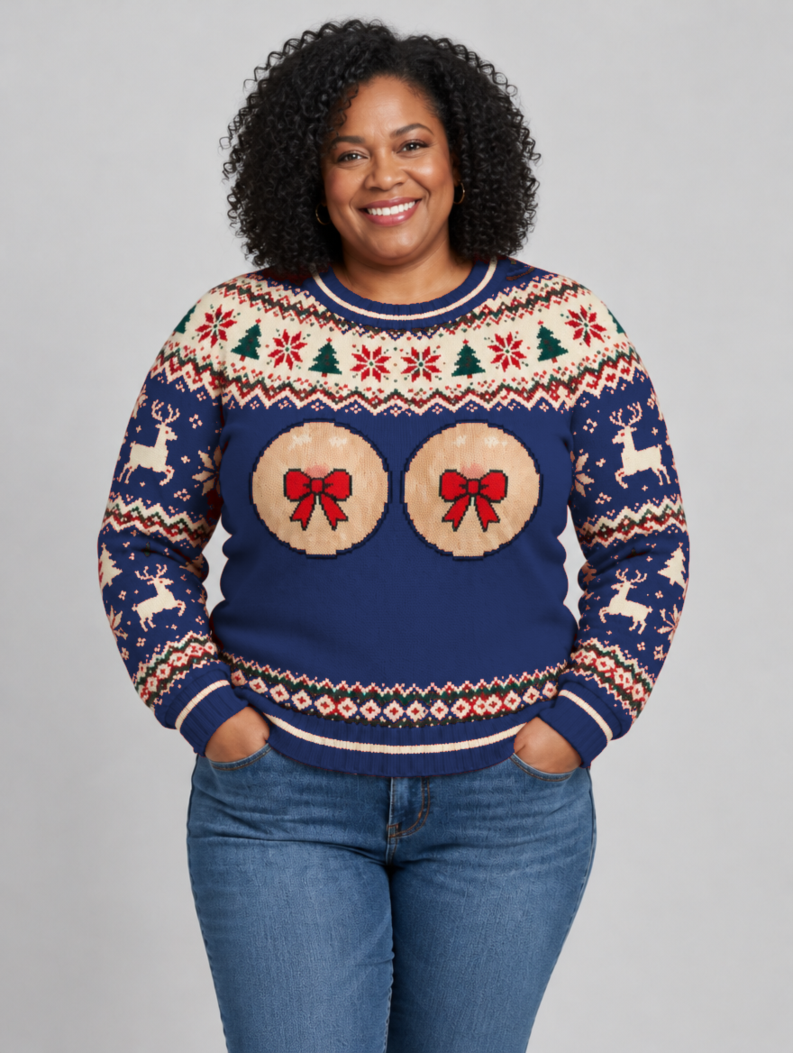 Bald Claus Mrs. Claus ugly Christmas sweater – Navy Blue – size XL
