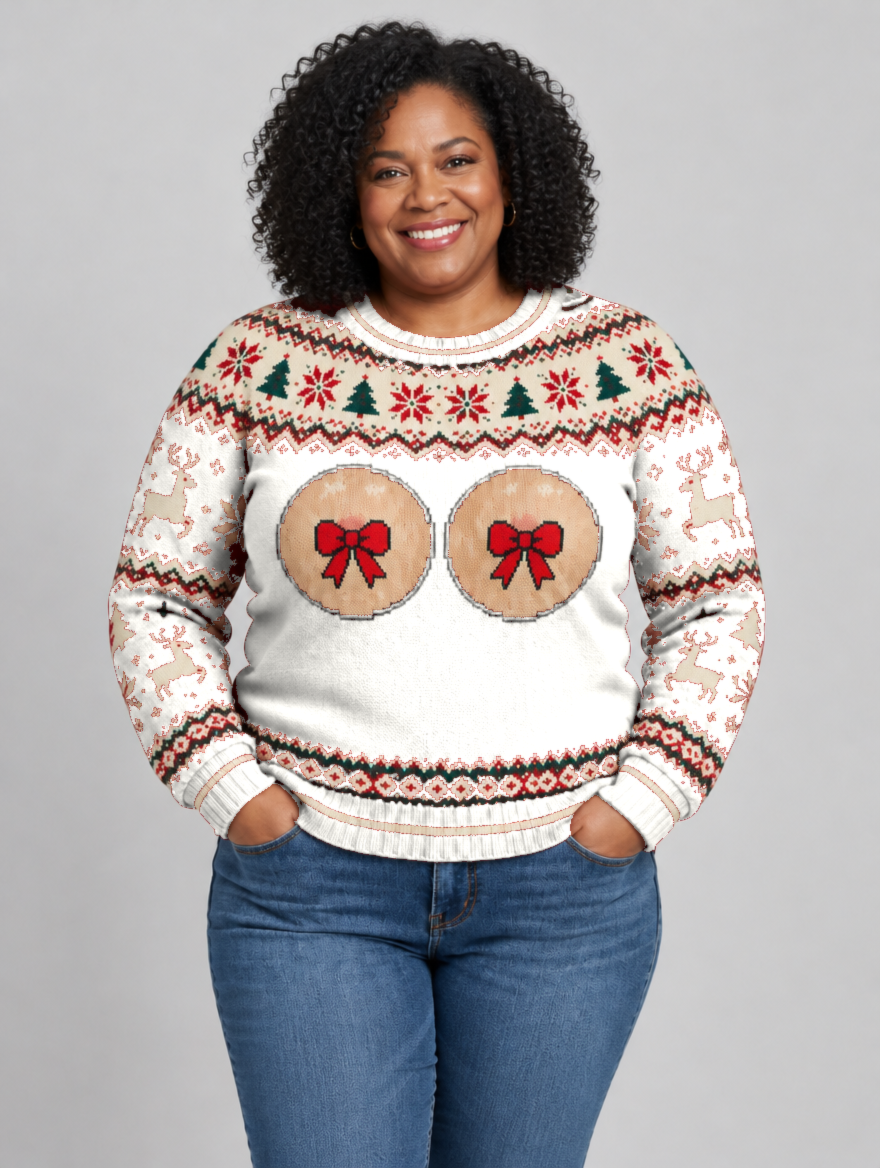 Bald Claus Mrs. Claus ugly Christmas sweater – White – size XL