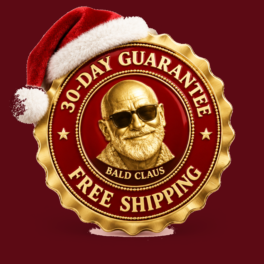Bald Claus 30-day guarantee and free shipping seal