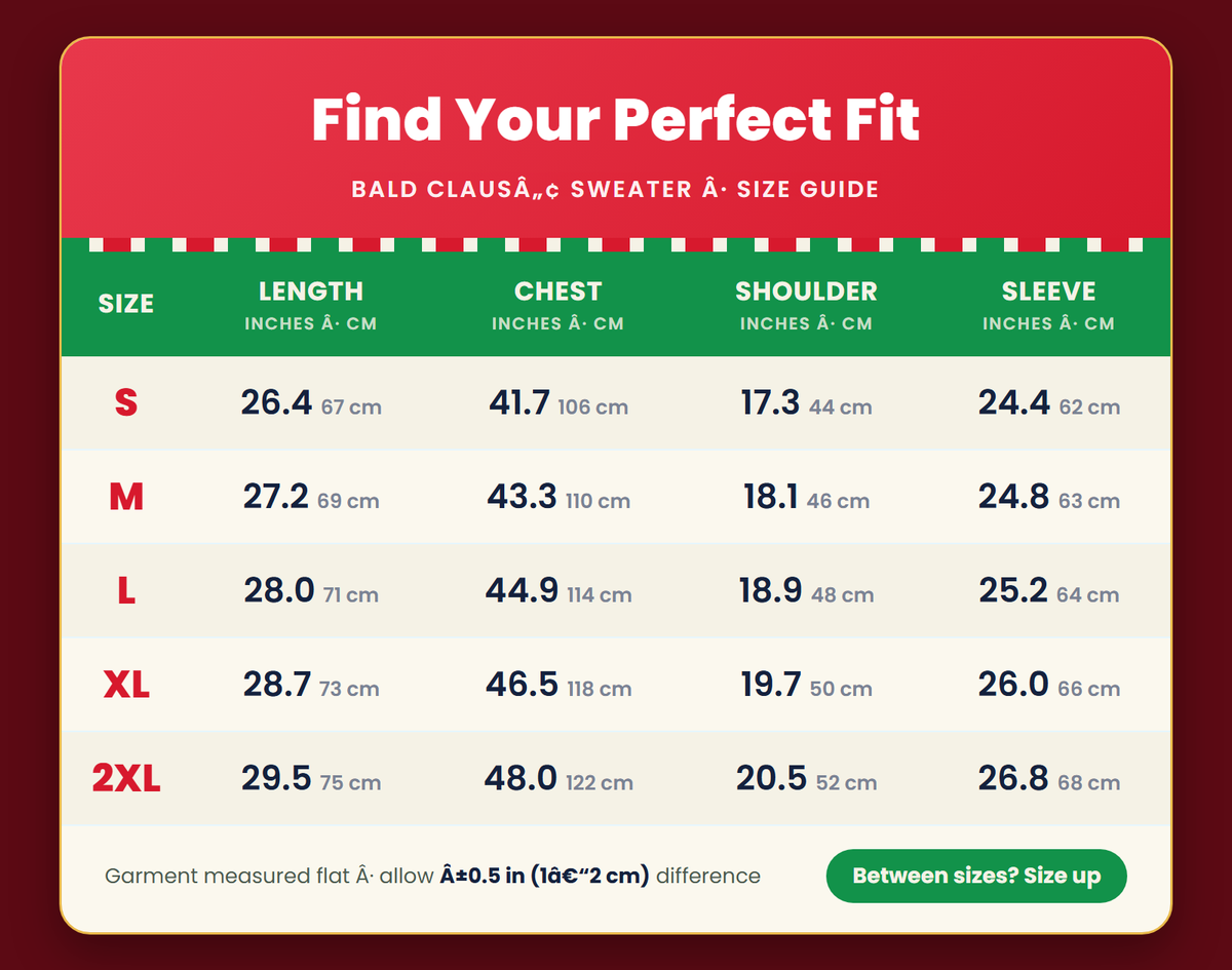 Bald Claus size chart in inches and cm