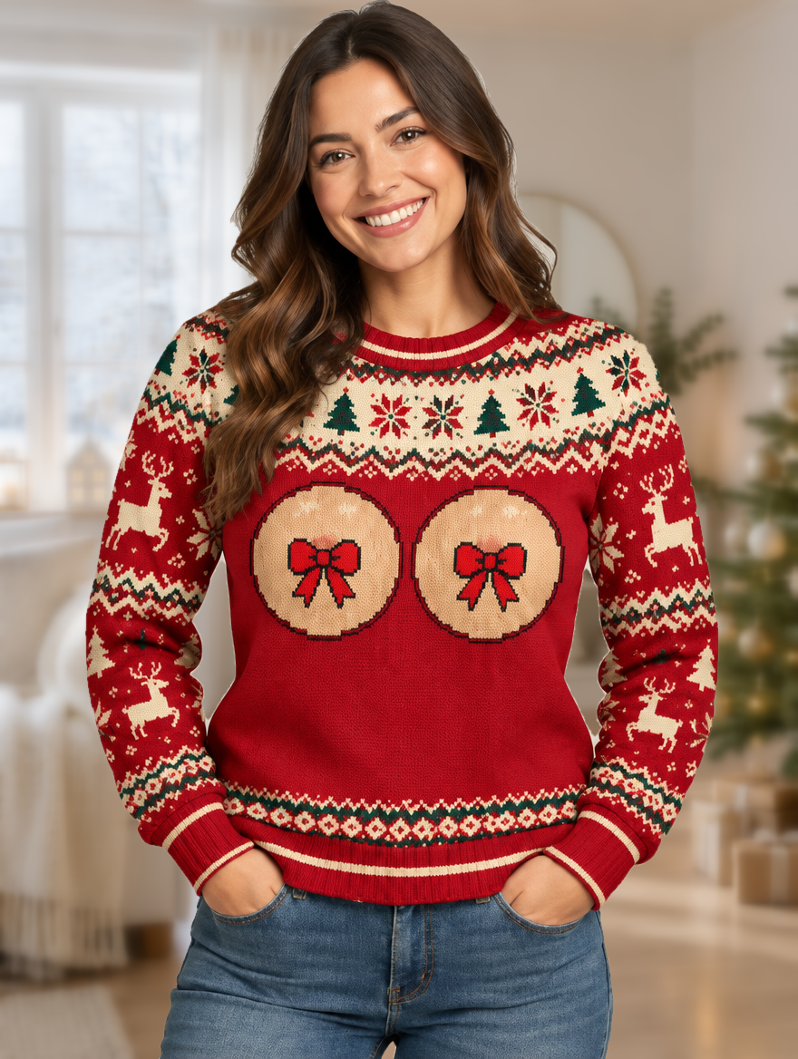 Bald Claus Hers ugly Christmas sweater with bows – front